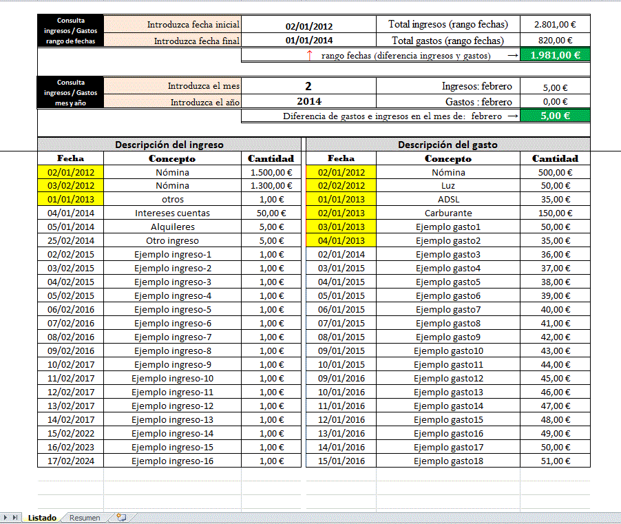 Plantilla libro Excel para control de gastos e ingresos