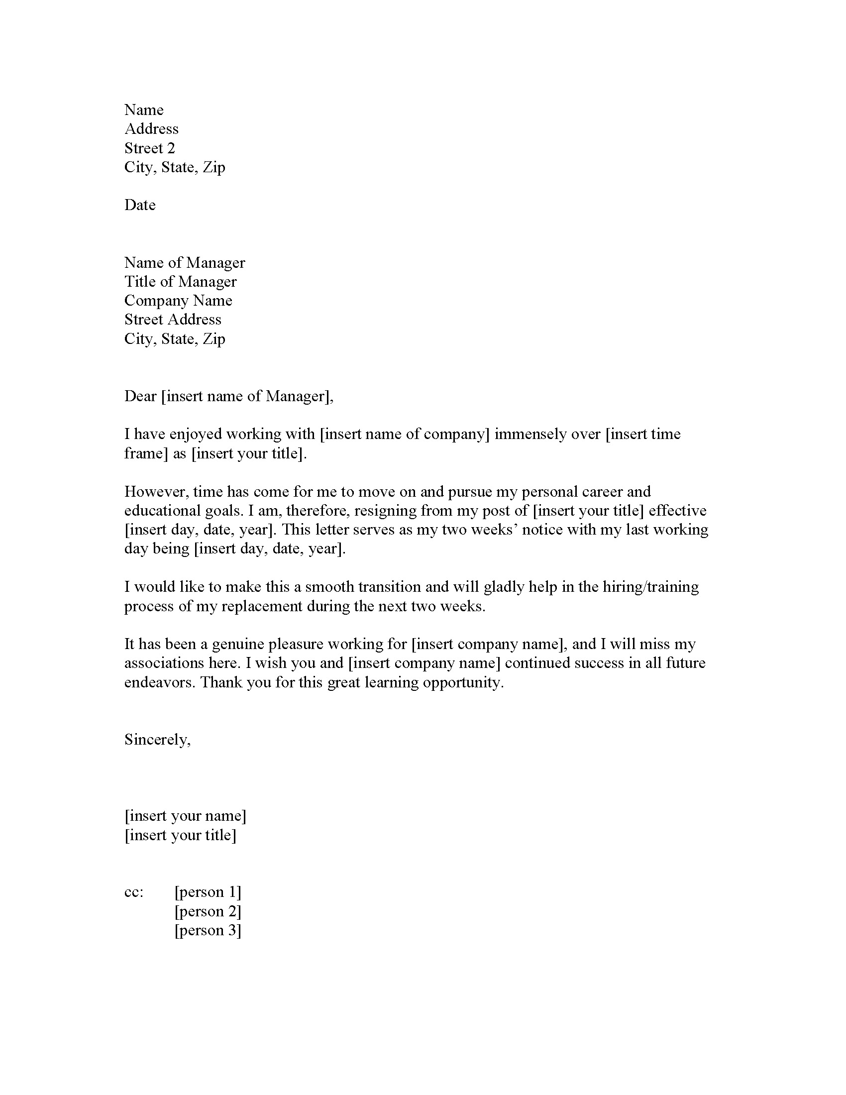 Two Weeks Notice Letter Unhappy Nursing Resignation Letter Free