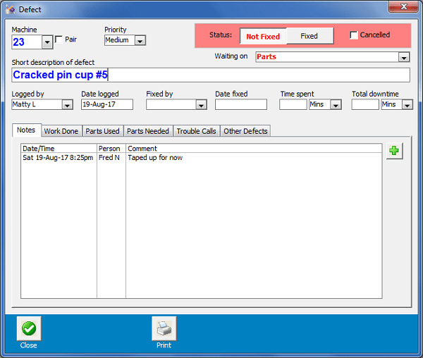 Parts Tracker Features Defects Logging