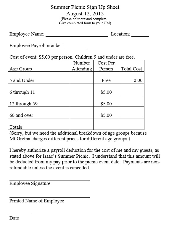 9 Free Sample Picnic Party Signup Sheet Templates Printable Samples