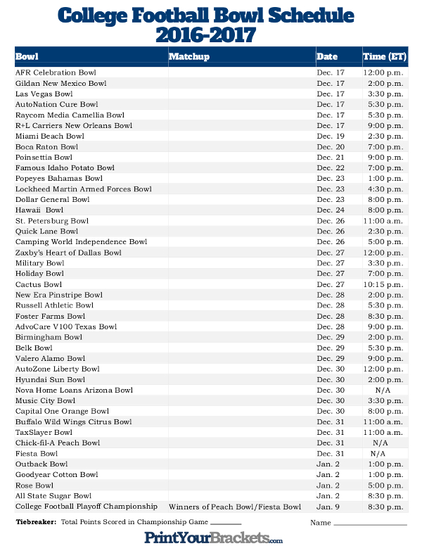Printable College Football Bowl Schedule Pick'em Sheet