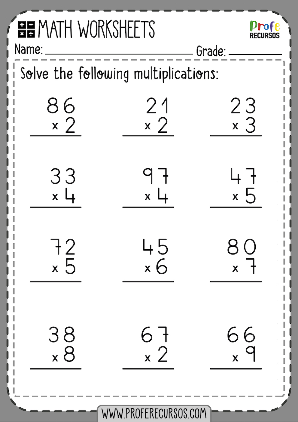 Printable Multiplication Worksheets for grade 2 Profe
