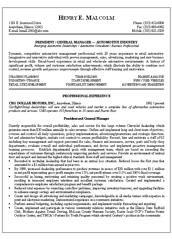 Automotive Manager Resume Example