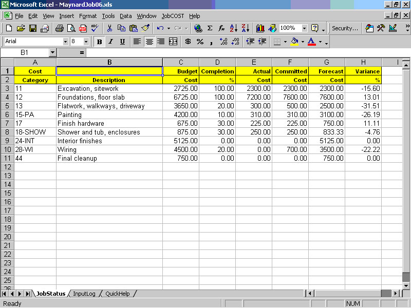 Job Cost Controller Spreadsheet for Excel