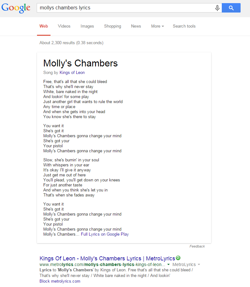 Google Begins Showing Song Lyrics in Search Results via