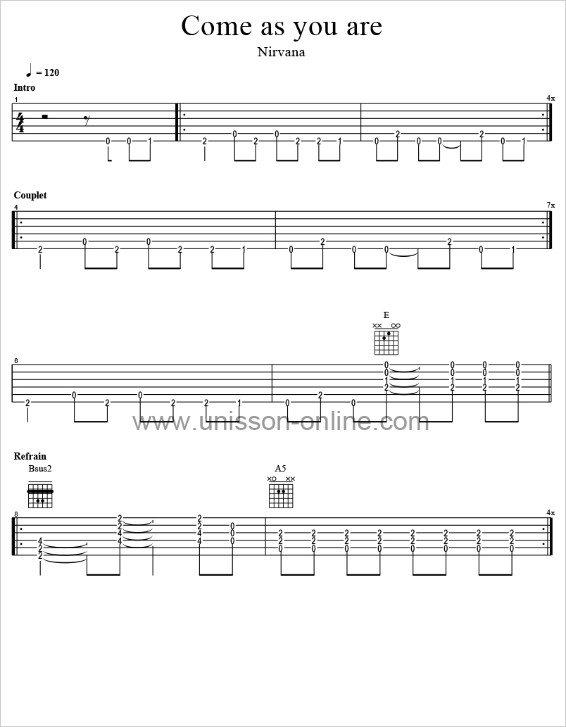 Come as you are Tab Guitar Pro Nirvana UNISSON ONLINE