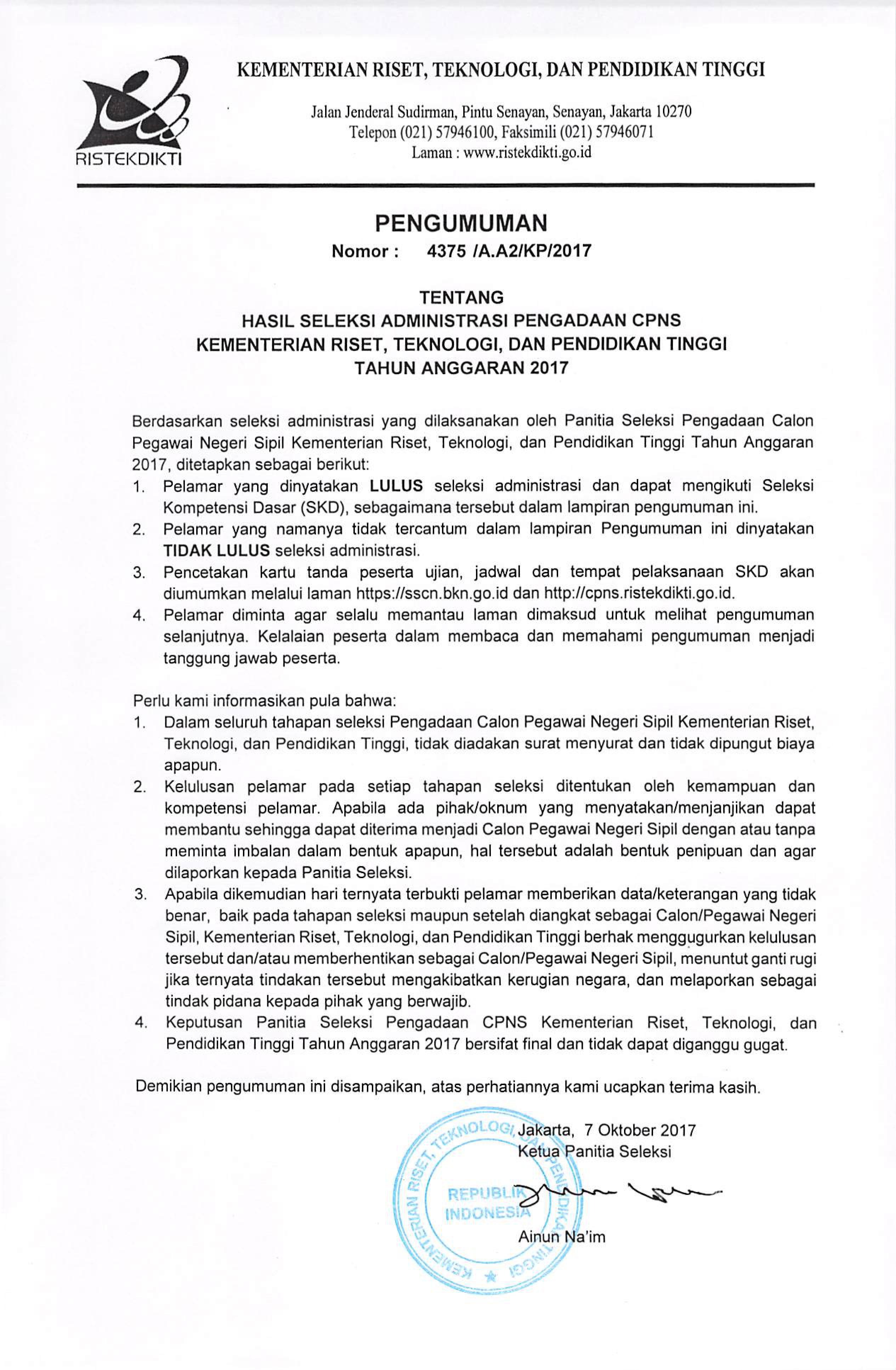 Hasil Seleksi Administrasi Pengadaan CPNS Kemenristekdikti