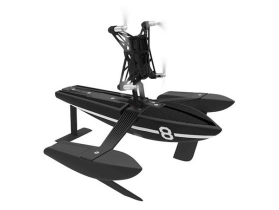 Hydrofoil Parrot Mini drones flying over the water and