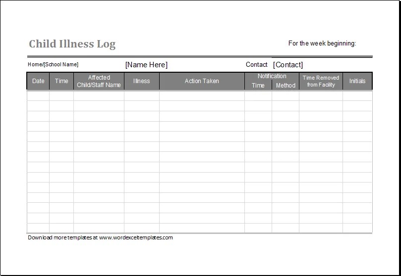 Child Illness Log Editable Printable MS Excel Template Word & Excel
