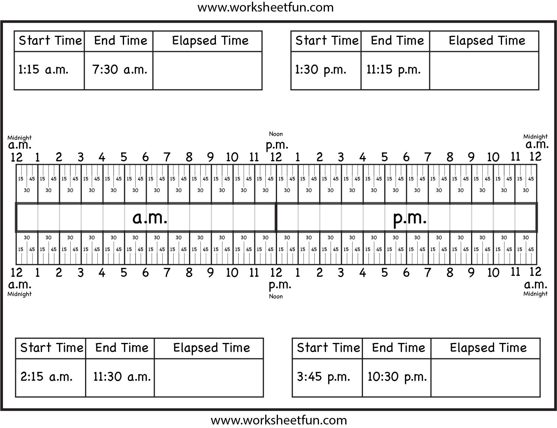 Calculate Elapsed Time 5 worksheets 15, 30, 45, 60