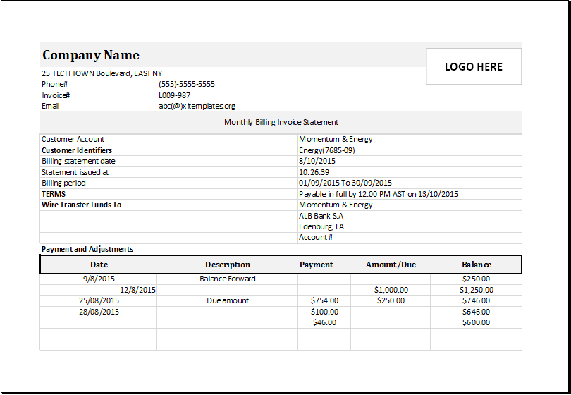 Monthly Billing Invoice Statement for EXCEL Excel Templates