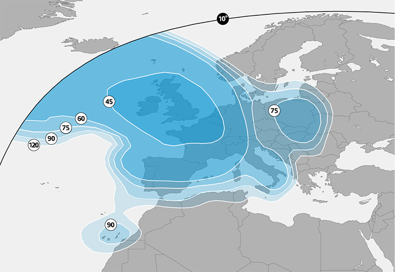Les Défis De Voyager Dans La Carte Astra Satellite Réception satellites Astra 2 28,2° Est Zones de couverture