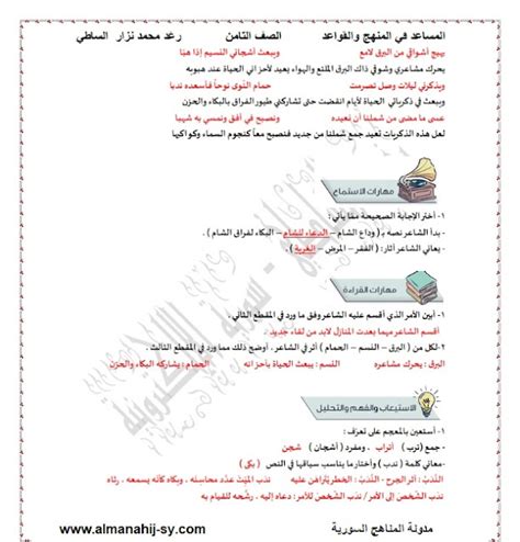 شرح قصيدة حنين الشام للصف الثامن - المكان المثالي