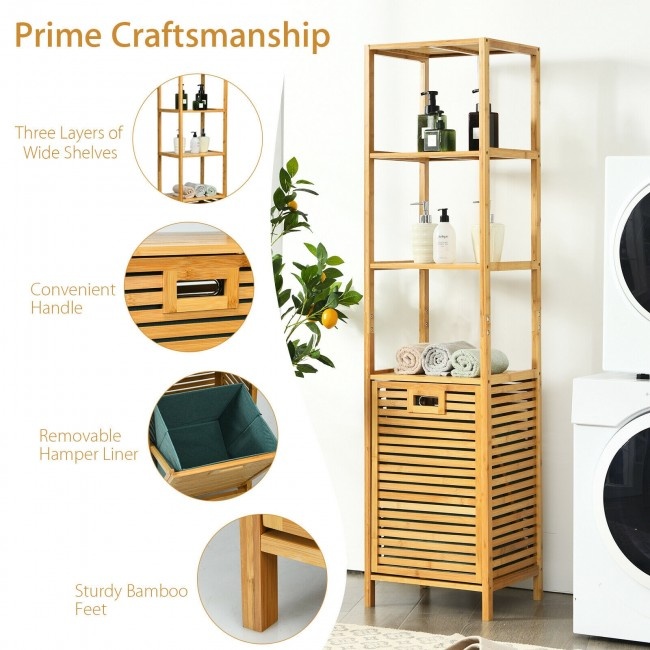 Bamboo Tower Hamper Organizer With 3Tier Storage Shelves