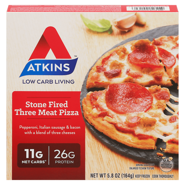 Save on Atkins Stone Fired Three Meat Pizza High Protein Low Carb Order