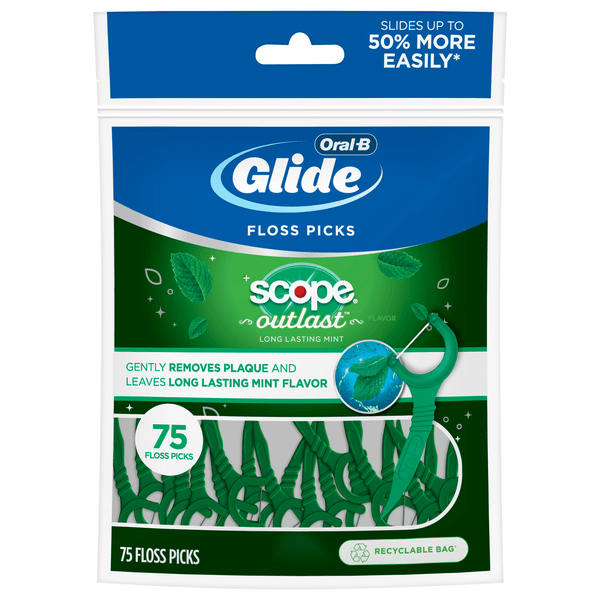 Save on OralB Glide Floss Picks + Scope Outlast Long Lasting Mint