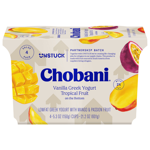 Save on Chobani UNSTUCK Tropical on the Bottom Vanilla Greek Yogurt Cup