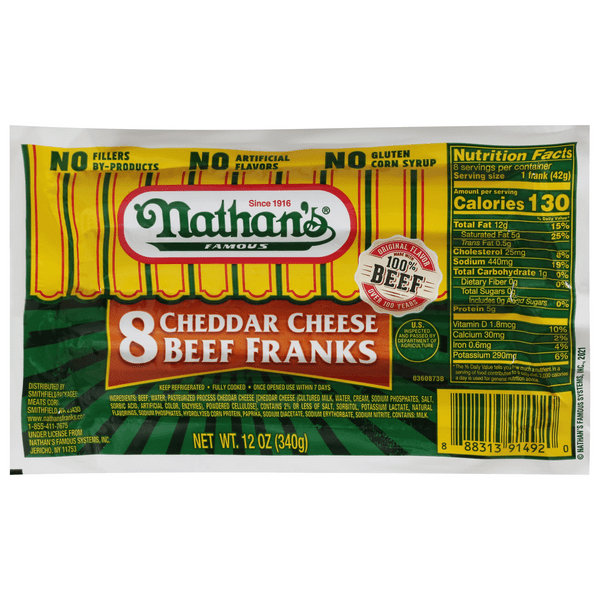 Save on Nathan's Famous Beef Franks Cheddar Cheese 8 ct Order Online