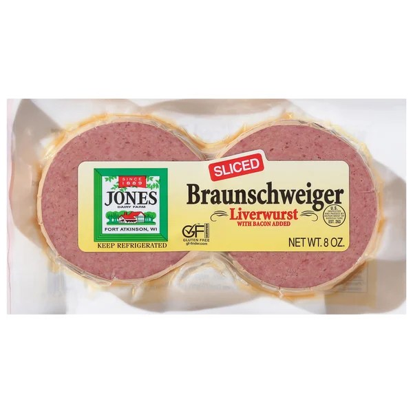 Save on Jones Dairy Farm Braunschweiger Liverwurst with Bacon Sliced