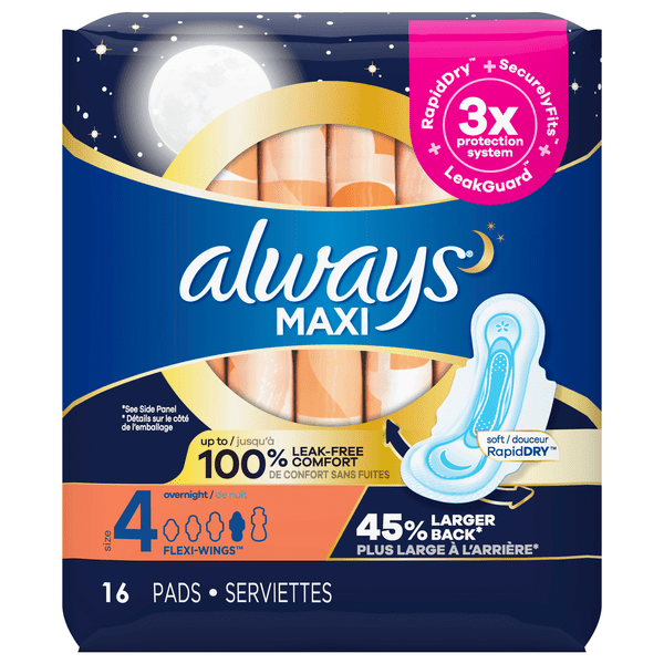 Save on Always Maxi Pads with FlexiWings Overnight Size 4 Order Online