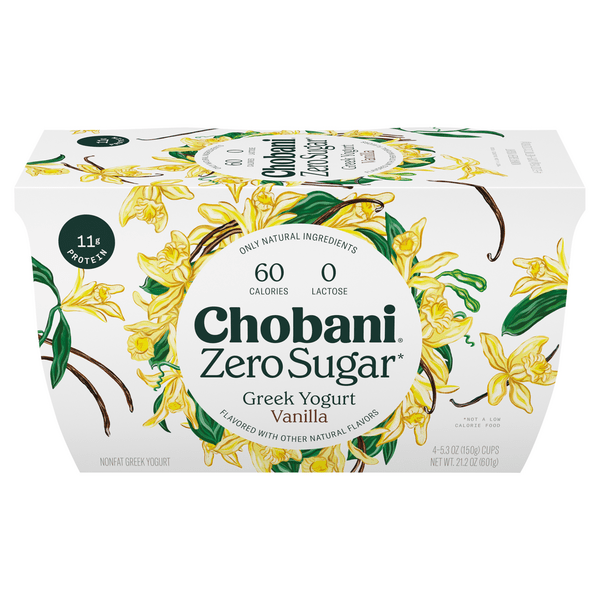 Save on Chobani Zero Sugar Non Fat Vanilla Greek Yogurt Cup 4 ct