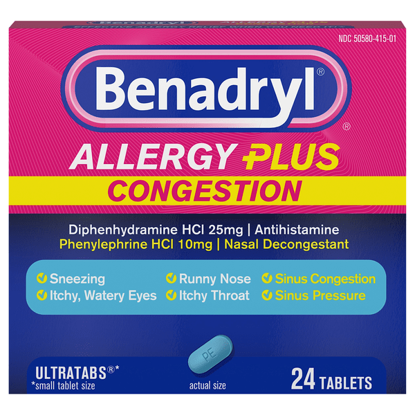 Save on Benadryl Allergy + Congestion Relief Antihistamine Decongestant