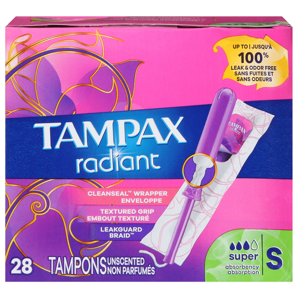 Save on Tampax Radiant Tampons Super Absorbency w/Plastic Applicator