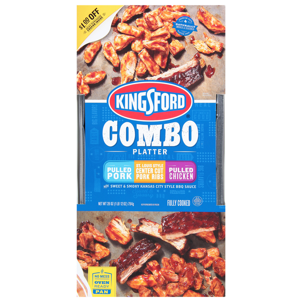 Save on Kingsford Combo Platter Pulled Pork/ Pork Ribs/ Pulled Chicken w/Sauce Order Online