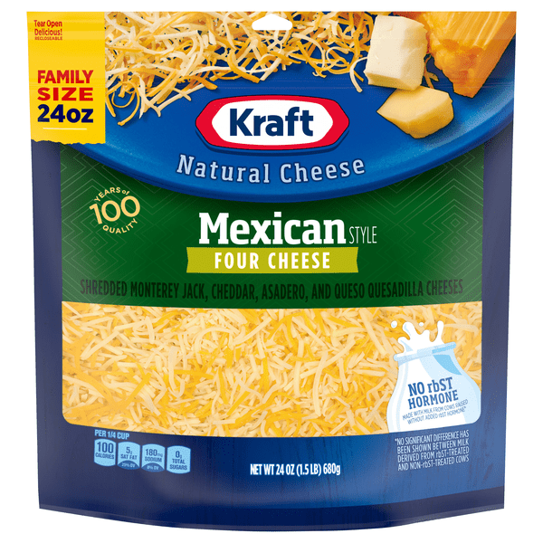 Save on Kraft Mexican Style Four Cheese Shredded Family Size Order