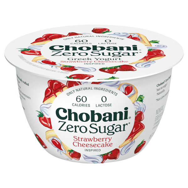 Save on Chobani Zero Sugar Non Fat Strawberry Cheesecake Greek Yogurt