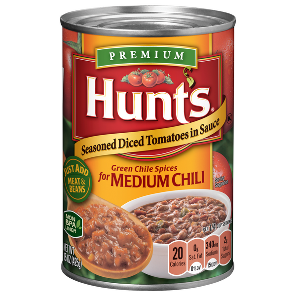 Save on Hunt's Seasoned Tomatoes Diced in Sauce Green Chili Spices for Med Chili Order Online