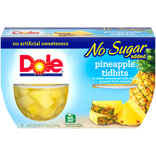 Save on Dole Fruit Cups Pineapple Tidbits No Sugar Added 4 ct Order