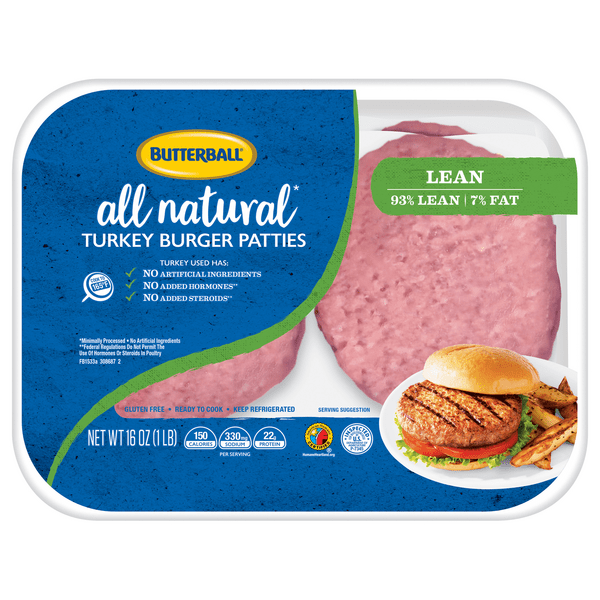 Butterball All Natural Frozen White Turkey Burgers, 1/4 Patties
