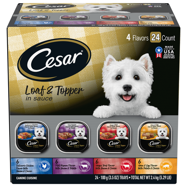 Save on Cesar Loaf & Topper in Sauce Adult Wet Dog Food Variety Pack