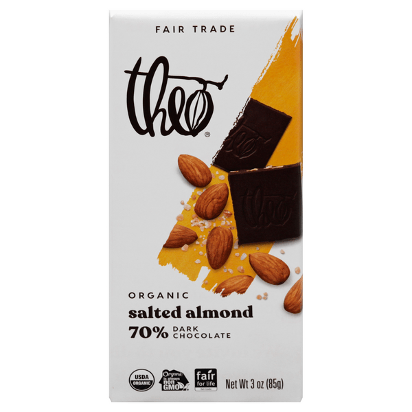 Save on Theo Organic Fair Trade Chocolate Bar 70 Dark Salted Almond