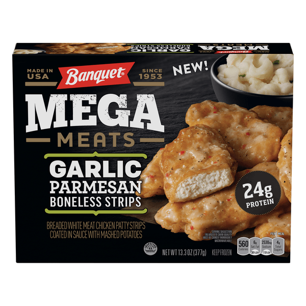 Save on Banquet MEGA Meats Garlic Parmesan Boneless Chicken Strips