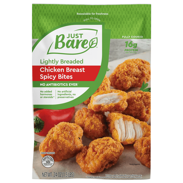 Save on Just Bare Lightly Breaded Chicken Breast Bites Spicy Order