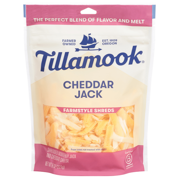Save on Tillamook Cheddar Jack Cheese Farmstyle Thick Cut Shredded