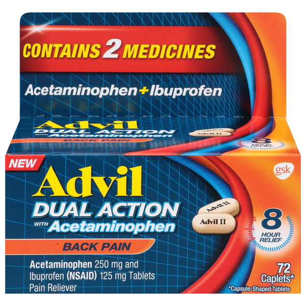 Save on Advil Dual Action Back Pain with Acetaminophen Pain Caplets