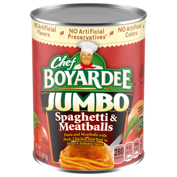 Save on Chef Boyardee Jumbo Spaghetti & Meatballs in Hearty Tomato