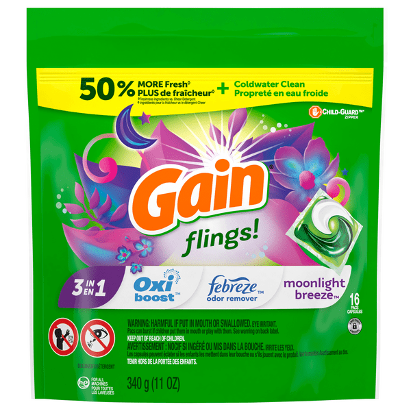 Save on Gain Flings! 3in1 Laundry Detergent Pacs Moonlight Breeze