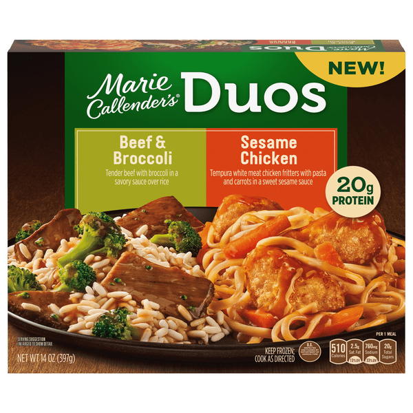 Save on Marie Callender's Duos Beef & Broccoli/Sesame Chicken Order