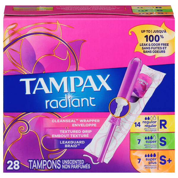 Save on Tampax Radiant Tampons Regular/Super/Super Plus Absorbency