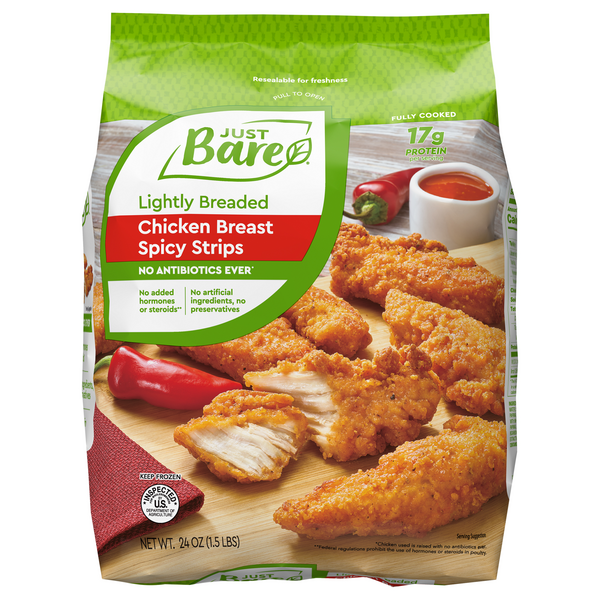 Save on Just BARE Lightly Breaded Chicken Breast Spicy Strips Frozen