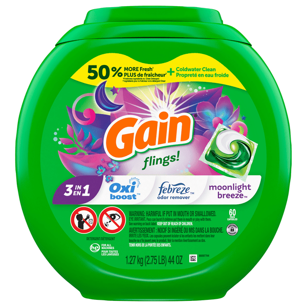 Save on Gain Flings! 3in1 Laundry Detergent Pacs Moonlight Breeze