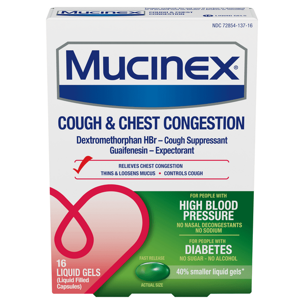 Save on Mucinex Liquid Gels Cough & Chest Congestion High Blood
