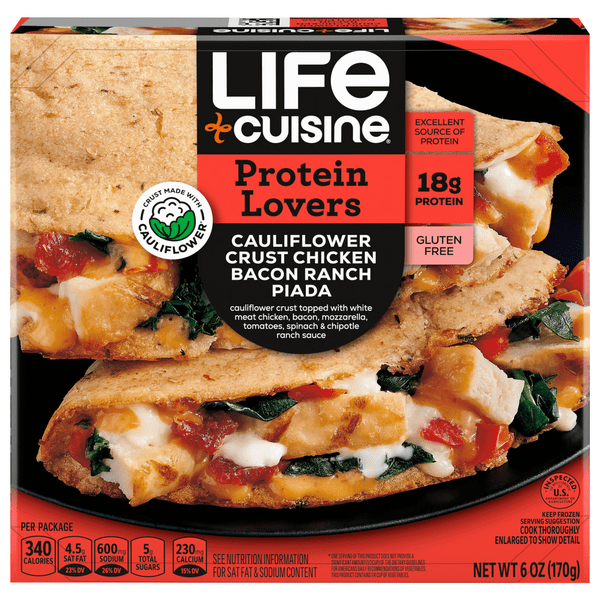 Save on Life Cuisine Cauliflower Crust Chicken Bacon Ranch Piada Frozen