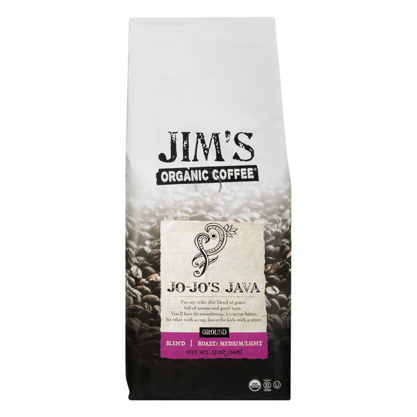Save on Jim's Organic JoJo's Java Medium/Light Roast Ground Coffee