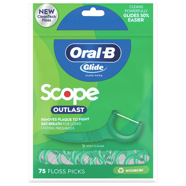 Save on OralB Glide Floss Picks + Scope Outlast Long Lasting Mint
