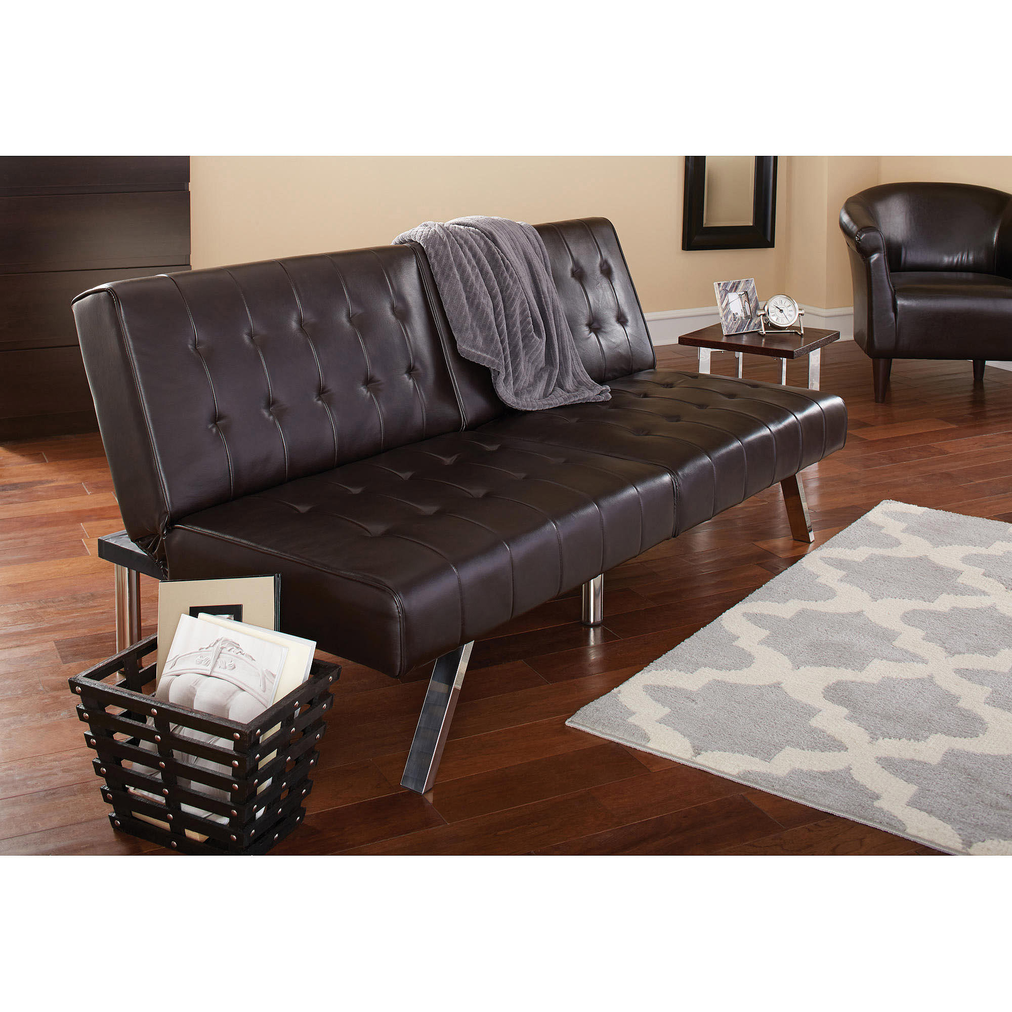 Lynda Futons Mainstays Faux Leather Tufted Convertible Futon, Brown